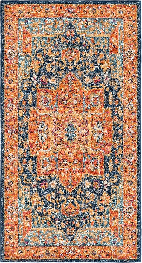 SAFAVIEH Evoke Collection 2'2" x 5' Blue/Orange EVK275C Oriental Medallion Distressed Non-Shedding Living Room Bedroom Area Rug