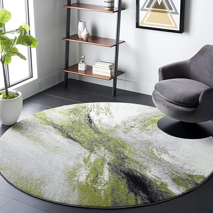 SAFAVIEH Galaxy Collection Area Rug - 4' Round, Grey & Green, Modern Abstract Design, Ideal for High Traffic Areas in Living Room, Bedroom, Dining (GAL117F-4R)