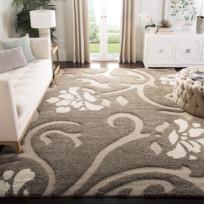 SAFAVIEH Florida Shag Collection Area Rug - 8' Square, Smoke & Beige, Floral Design, Non-Shedding & Easy Care, 1.2-inch Thick Ideal for High Traffic Areas in Living Room, Bedroom (SG464-7913)