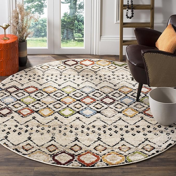 SAFAVIEH Amsterdam Collection 4' Round Ivory/Multi AMS108K Moroccan Boho Non-Shedding Living Room Bedroom Area Rug