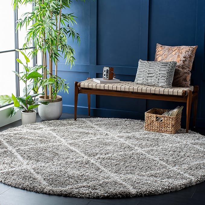 SAFAVIEH Hudson Shag Collection Area Rug - 8' Round, Distressed Grey & Ivory, Trellis Design, Non-Shedding & Easy Care, 2-inch Thick Ideal for High Traffic Areas in Living Room, Bedroom (SGH281K)