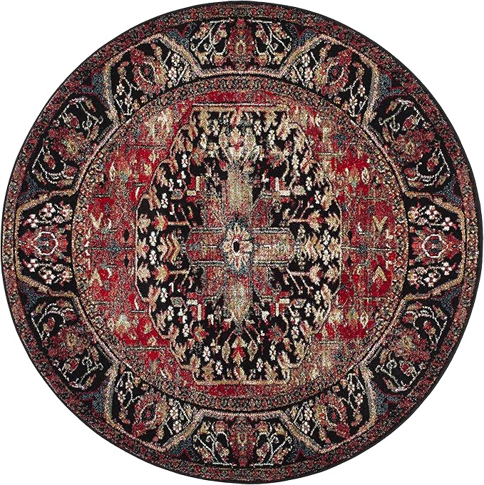 SAFAVIEH Vintage Hamadan Collection Area Rug - 9' Round, Red & Multi, Oriental Traditional Persian Design, Non-Shedding & Easy Care, Ideal for High Traffic Areas in Living Room, Bedroom (VTH215A)