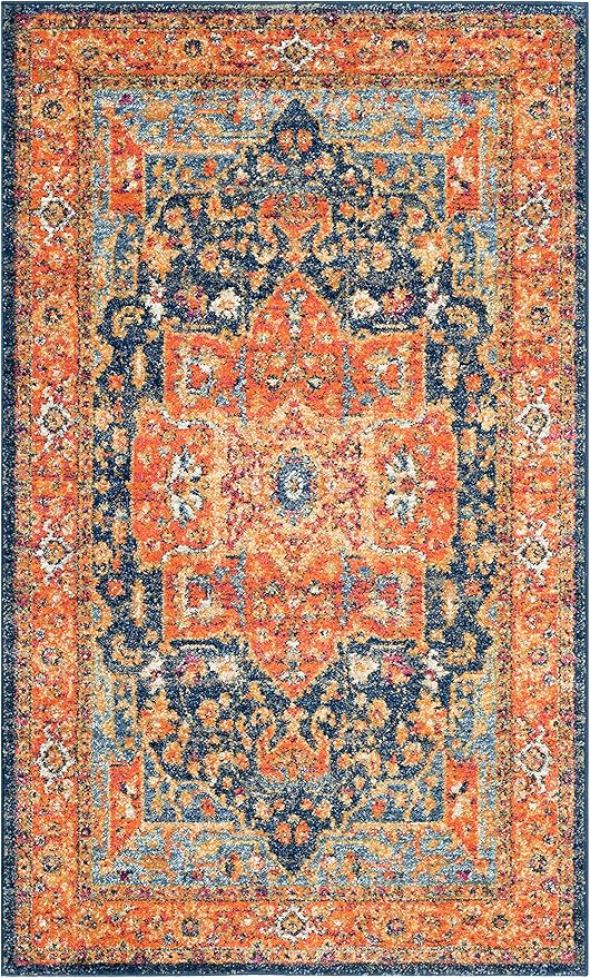 SAFAVIEH Evoke Collection 3' x 5' Blue/Orange EVK275C Oriental Medallion Distressed Non-Shedding Living Room Bedroom Accent Rug