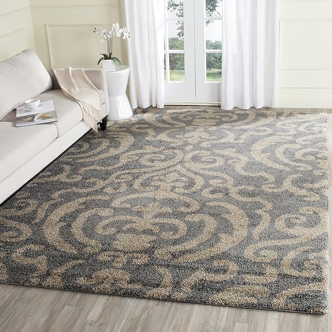 SAFAVIEH Florida Shag Collection Area Rug - 8'6" x 12', Grey & Beige, Damask Design, Non-Shedding & Easy Care, 1.2-inch Thick Ideal for High Traffic Areas in Living Room, Bedroom (SG462-8013)
