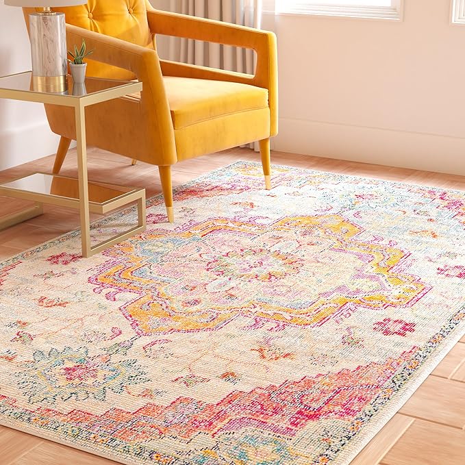 SAFAVIEH Crystal Collection Area Rug - 5' x 8', Light Blue & Fuchsia, Medallion Distressed Design, Non-Shedding & Easy Care, Ideal for High Traffic Areas in Living Room, Bedroom (CRS501B)