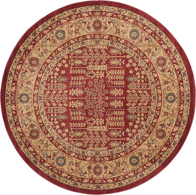 SAFAVIEH Mahal Collection Area Rug - 6'7" Round, Red & Natural, Traditional Oriental Design, Non-Shedding & Easy Care, Ideal for High Traffic Areas in Living Room, Bedroom (MAH697A)