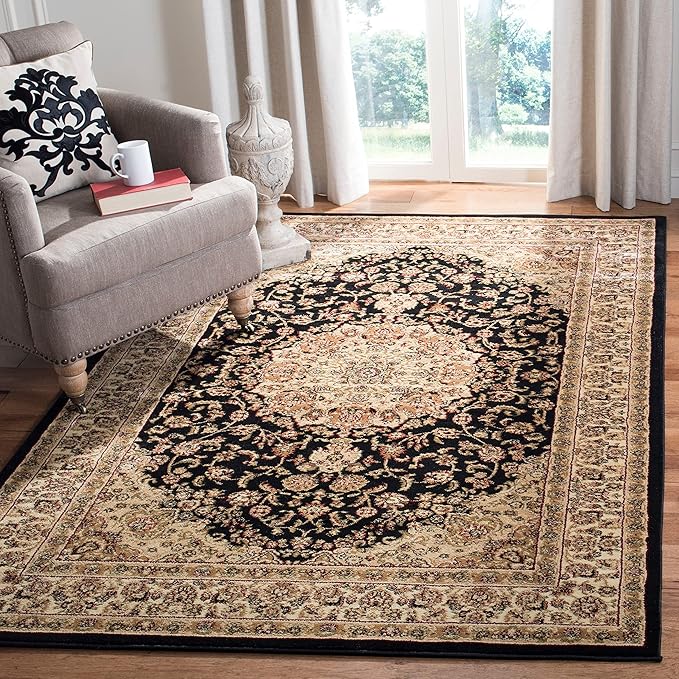SAFAVIEH Lyndhurst Collection Area Rug - 8' x 11', Black & Ivory, Traditional Oriental Medallion Design, Non-Shedding & Easy Care, Ideal for High Traffic Areas in Living Room, Bedroom (LNH222A)