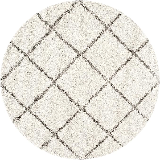 SAFAVIEH Hudson Shag Collection 11' Round Ivory/Grey SGH281A Modern Diamond Trellis Non-Shedding Living Room Bedroom Dining Room Entryway Plush 2-inch Thick Area Rug