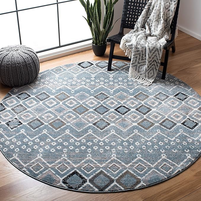 SAFAVIEH Amsterdam Collection 5'1" Round Blue/Ivory AMS108L Moroccan Boho Non-Shedding Living Room Bedroom Area Rug
