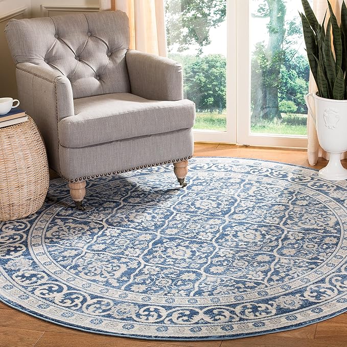 SAFAVIEH Brentwood Collection 6'7" Round Navy / Light Grey BNT870M Oriental Damask Trellis Non-Shedding Dining Room Entryway Foyer Living Room Bedroom Area Rug