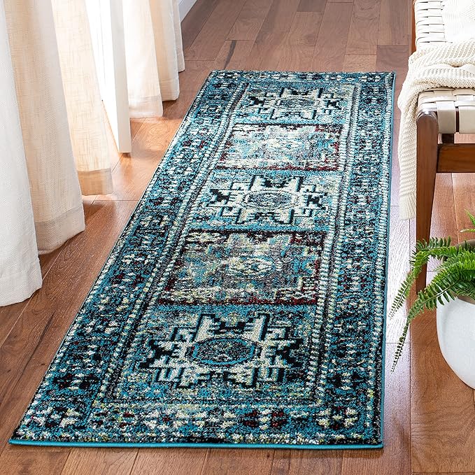 SAFAVIEH Vintage Hamadan Collection Runner Rug - 2'3" x 12', Light Blue & Black, Traditional Oriental Design, Non-Shedding & Easy Care, Ideal for High Traffic Areas in Living Room, Bedroom (VTH213M)