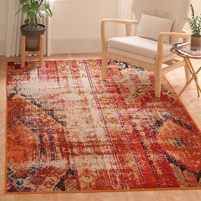 SAFAVIEH Monaco Collection Area Rug - 5'1" x 7'7", Orange & Multi, Boho Chic Tribal Distressed Design, Non-Shedding & Easy Care, Ideal for High Traffic Areas in Living Room, Bedroom (MNC222H)