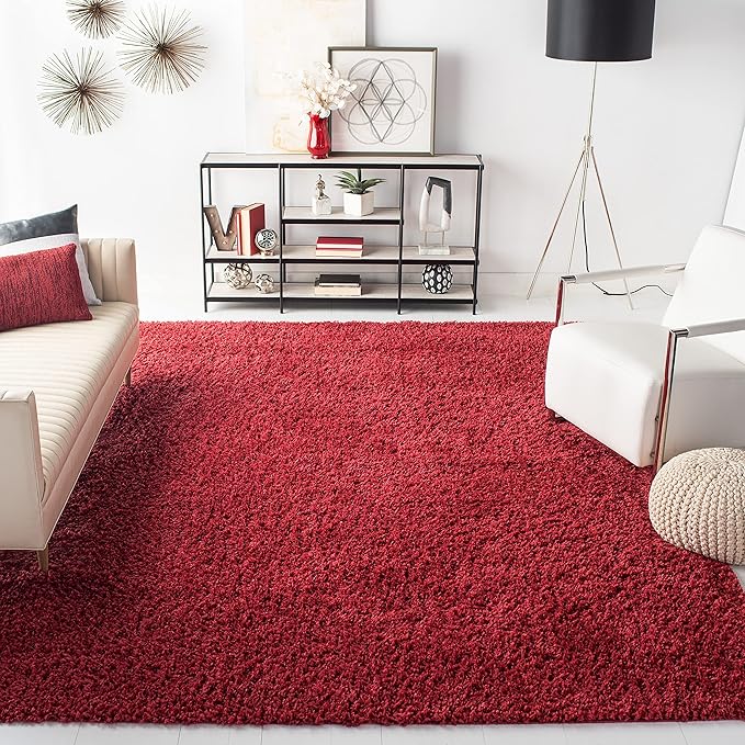 SAFAVIEH August Shag Collection Area Rug - 6'7" Square, Red, Solid Design, Non-Shedding & Easy Care, 1.5-inch Thick Ideal for High Traffic Areas in Living Room, Bedroom (AUG200Q)
