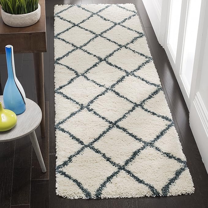 SAFAVIEH Hudson Shag Collection Runner Rug - 2'3" x 12', Ivory & Slate Blue, Trellis Design, Non-Shedding & Easy Care, 2-inch Thick Ideal for High Traffic Areas in Living Room, Bedroom (SGH281T)