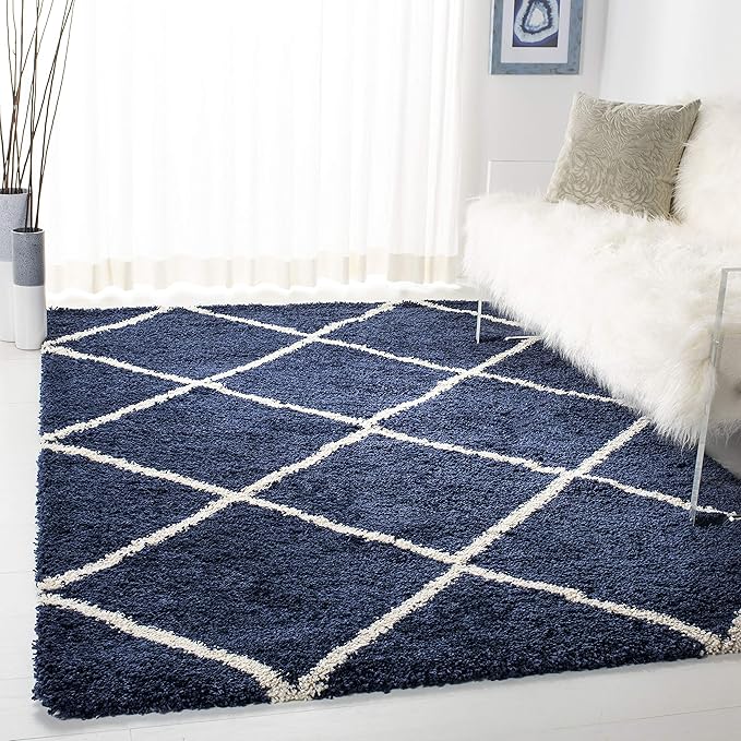 SAFAVIEH Hudson Shag Collection Area Rug - 6' x 9', Navy & Ivory, Modern Diamond Trellis Design, Non-Shedding & Easy Care, 2-inch Thick Ideal for High Traffic Areas in Living Room, Bedroom (SGH281C)
