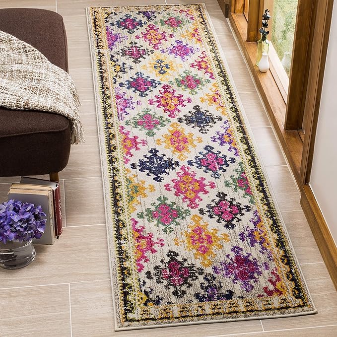 SAFAVIEH Monaco Collection Runner Rug - 2'2" x 8', Ivory & Multi, Boho Diamond Trellis Design, Non-Shedding & Easy Care, Ideal for High Traffic Areas in Living Room, Bedroom (MNC244A)