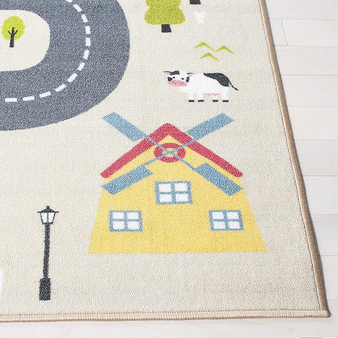SAFAVIEH Washable Rug Kids Playhouse Collection - 6'7" Square, Beige & Green, Slip Resistant & Easy to Clean, Ideal for Kids Room, Playroom, Nursery, Boys & Girls Room (KPH227A)