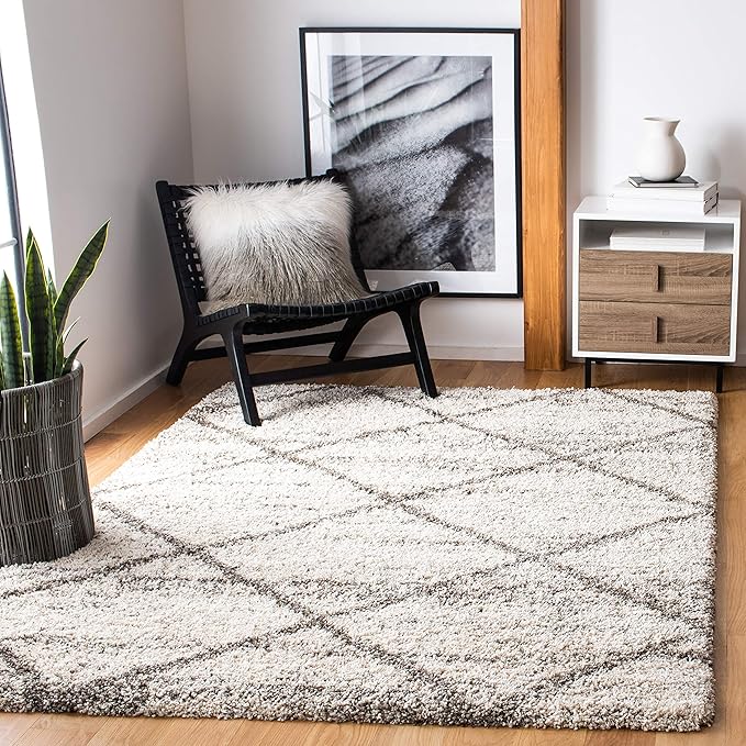 SAFAVIEH Hudson Shag Collection Area Rug - 8' Square, Grey & Beige, Modern Trellis Design, Non-Shedding & Easy Care, 2-inch Thick Ideal for High Traffic Areas in Living Room, Bedroom (SGH281J)