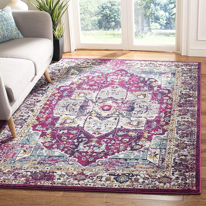 SAFAVIEH Evoke Collection Area Rug - 5'3" x 7'6", Fuchsia & Ivory, Oriental Medallion Distressed Design, Non-Shedding & Easy Care, Ideal for High Traffic Areas in Living Room, Bedroom (EVK275R)