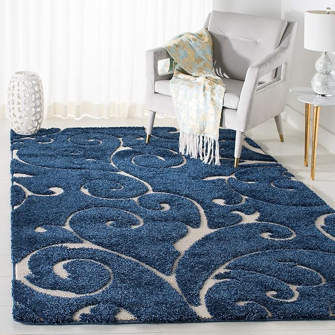 SAFAVIEH Florida Shag Collection Area Rug - 5'3" x 7'6", Dark Blue & Cream, Scroll Design, Non-Shedding & Easy to Clean, High-Low Plush Pile, Ideal for Living Room, Bedroom, Dining Space (SG455-6511)