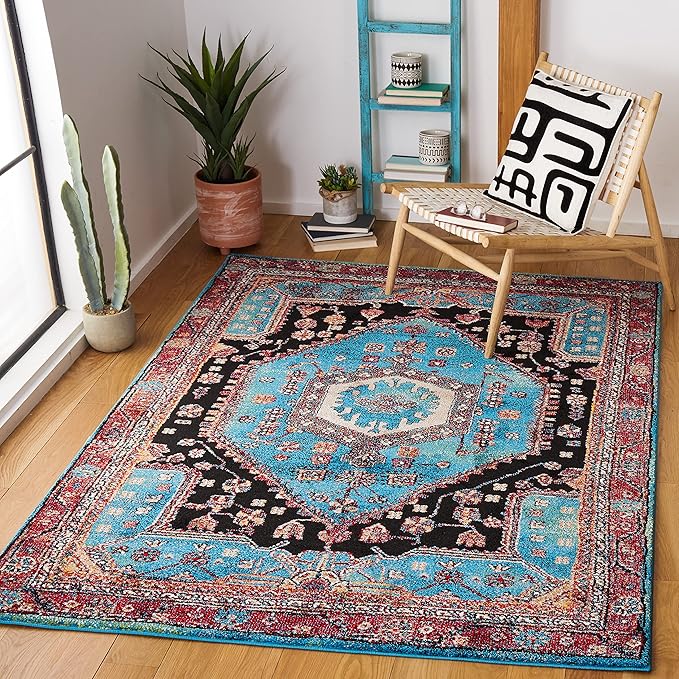 SAFAVIEH Vintage Hamadan Collection Area Rug - 5'3" x 7'6", Turquoise & Black, Traditional Oriental Design, Non-Shedding & Easy Care, Ideal for High Traffic Areas in Living Room, Bedroom (VTH204K)