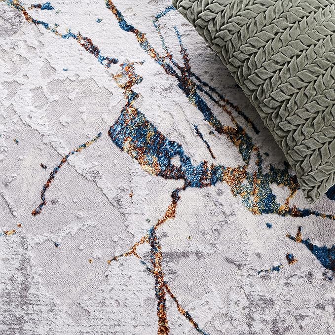 SAFAVIEH Amelia Collection Runner Rug - 2' x 8', Grey & Blue Gold, Modern Abstract Design, Non-Shedding & Easy Care, Ideal for High Traffic Areas in Living Room, Bedroom (ALA293M)