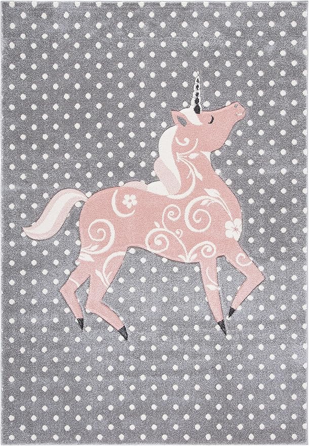 SAFAVIEH Carousel Kids Collection Area Rug - 6'7" x 9', Grey & Ivory & Pink, Non-Shedding & Easy Care, Ideal for High Traffic Areas for Boys & Girls in Playroom, Nursery, Bedroom (CRK163G)