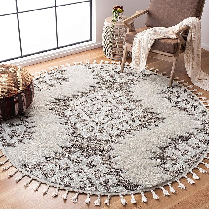 SAFAVIEH Moroccan Tassel Shag Collection Area Rug - 3' Round, Ivory & Brown, Boho Design, Non-Shedding & Easy Care, 2-inch Thick Ideal for High Traffic Areas in Living Room, Bedroom (MTS652A)