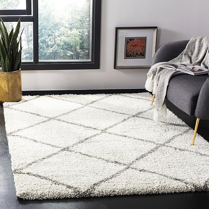 SAFAVIEH Hudson Shag Collection Area Rug - 5' Square, Ivory & Grey, Modern Trellis Design, Non-Shedding & Easy Care, 2-inch Thick Ideal for High Traffic Areas in Living Room, Bedroom (SGH281A)