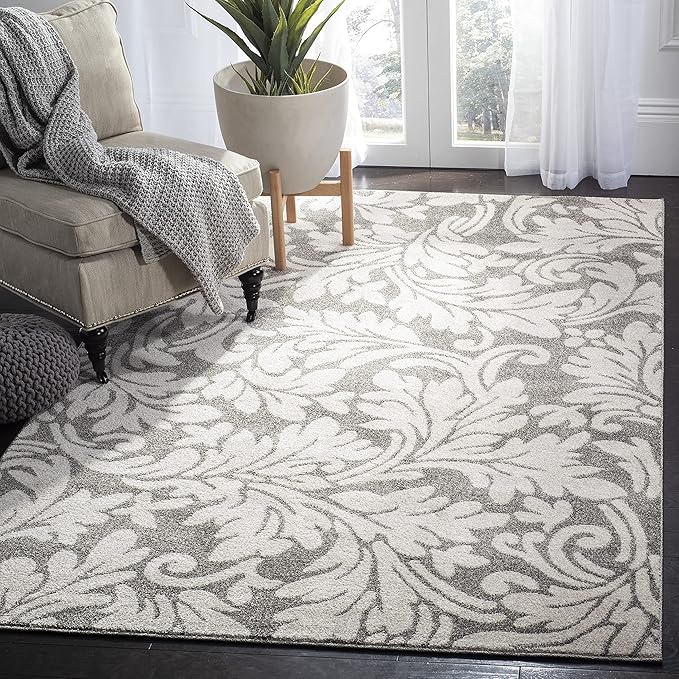 SAFAVIEH Amherst Collection Area Rug - 9' x 12', Dark Grey & Beige, Floral Design, Non-Shedding & Easy Care, Ideal for High Traffic Areas in Living Room, Bedroom (AMT425R)