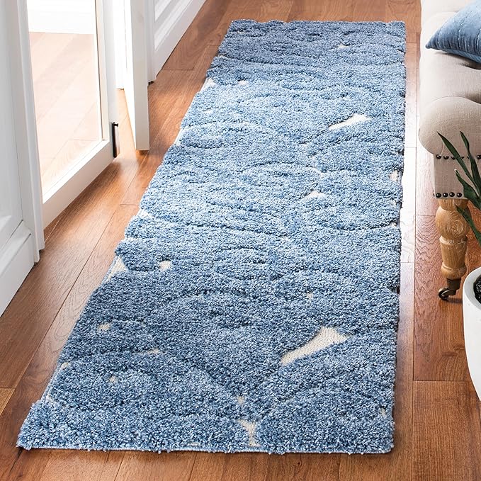 SAFAVIEH Florida Shag Collection Runner Rug - 2'3" x 9', Light Blue & Cream, Scroll Design, Non-Shedding & Easy to Clean, High-Low Plush Pile, Ideal for Bedroom, Foyer, Hallway (SG455-6011)