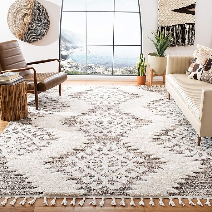 SAFAVIEH Moroccan Tassel Shag Collection X-Large Area Rug - 11' x 15', Ivory & Brown, Boho Design, Non-Shedding & Easy Care, 2-inch Thick Ideal for High Traffic Areas in Living Room, Bedroom (MTS652A)