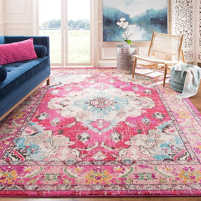 SAFAVIEH Monaco Collection Area Rug - 2'2" x 4', Pink & Multi, Non-Shedding & Easy to Clean, Distressed Medallion Design, Ideal for Front Door, Kitchen, Entryway, Accent Space (MNC243D)