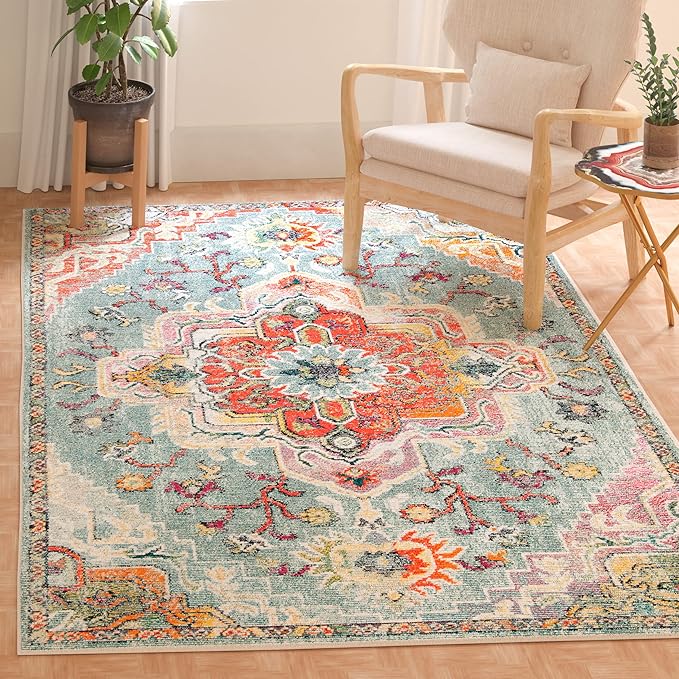 SAFAVIEH Crystal Collection Area Rug - 5' x 8', Teal & Orange, Medallion Distressed Design, Non-Shedding & Easy Care, Ideal for High Traffic Areas in Living Room, Bedroom (CRS501J)