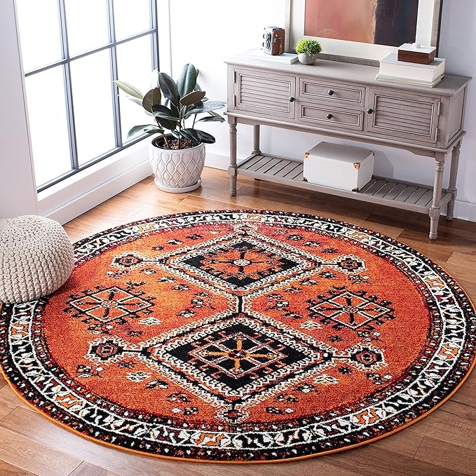 SAFAVIEH Vintage Hamadan Collection 6'7" Round Orange / Red VTH293P Oriental Traditional Persian Non-Shedding Dining Room Entryway Foyer Living Room Bedroom Area Rug