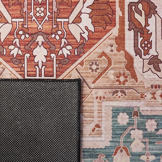 SAFAVIEH Washable Rug Tucson Collection - 6' x 9', Aqua & Rust, Slip Resistant & Easy to Clean, Ideal for Living Room, Bedroom, Dining Space (TSN150J)