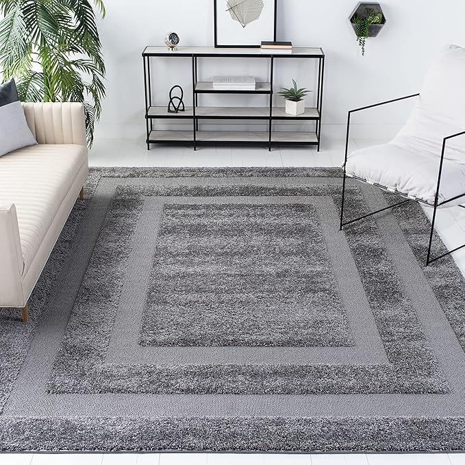 SAFAVIEH Florida Shag Collection Area Rug - 5' Square, Creme & Creme, Border Design, Non-Shedding & Easy Care, 1.2-inch Thick Ideal for High Traffic Areas in Living Room, Bedroom (SG454-1111)
