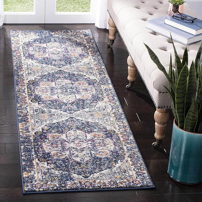 SAFAVIEH Evoke Collection Runner Rug - 2'2" x 7', Navy & Grey, Oriental Medallion Distressed Design, Non-Shedding & Easy Care, Ideal for High Traffic Areas in Living Room, Bedroom (EVK275N)