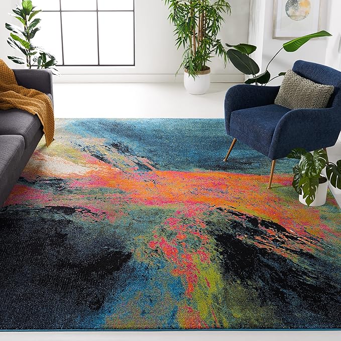SAFAVIEH Galaxy Collection 8' x 10' Blue/Orange GAL117N Modern Abstract Non-Shedding Living Room Dining Bedroom Area Rug