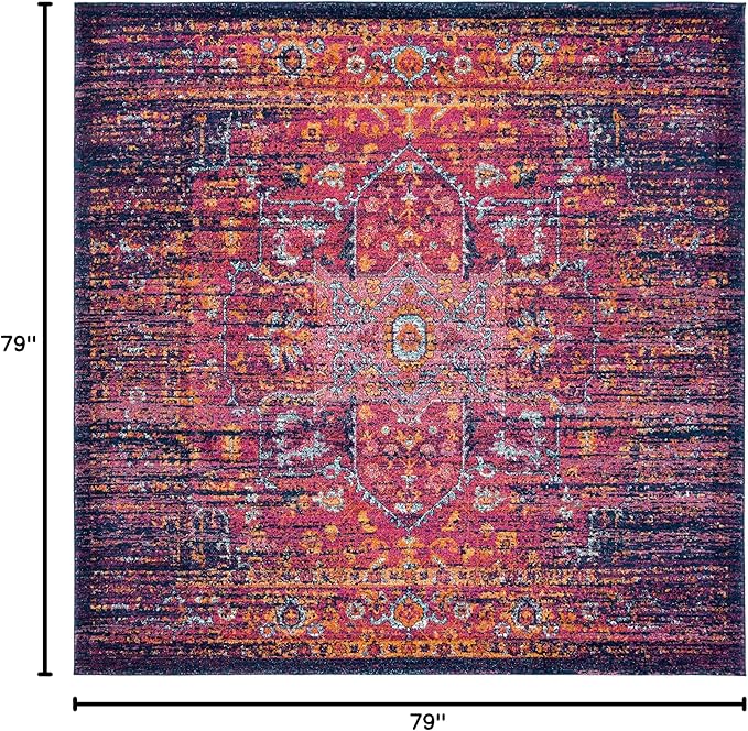 SAFAVIEH Evoke Collection Area Rug - 6'7" Square, Blue & Fuchsia, Oriental Medallion Distressed Design, Non-Shedding & Easy Care, Ideal for High Traffic Areas in Living Room, Bedroom (EVK275F)