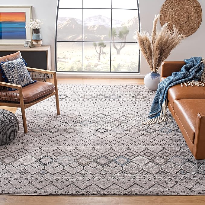 SAFAVIEH Amsterdam Collection Area Rug - 8' x 10', Light Grey & Brown, Moroccan Boho Design, Non-Shedding & Easy Care, Ideal for High Traffic Areas in Living Room, Bedroom (AMS108F)