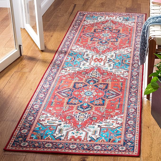 SAFAVIEH Washable Rug Tucson Collection - 2'6" x 12' Runner, Red & Blue, Slip Resistant & Easy to Clean, Ideal for Living Room, Bedroom, Dining Space (TSN101Q)