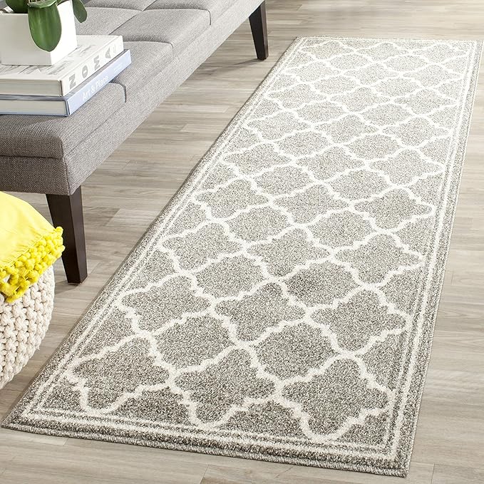 SAFAVIEH Amherst Collection Runner Rug - 2'3" x 13', Dark Grey & Beige, Moroccan Trellis Design, Non-Shedding & Easy Care, Ideal for High Traffic Areas in Living Room, Bedroom (AMT422R)