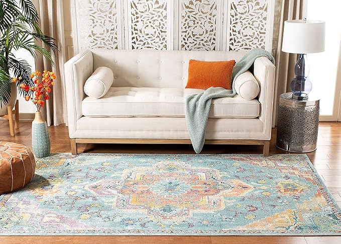 SAFAVIEH Crystal Collection Accent Rug - 4' x 6', Teal & Orange, Medallion Distressed Design, Non-Shedding & Easy Care, Ideal for High Traffic Areas in Entryway, Living Room, Bedroom (CRS501J)