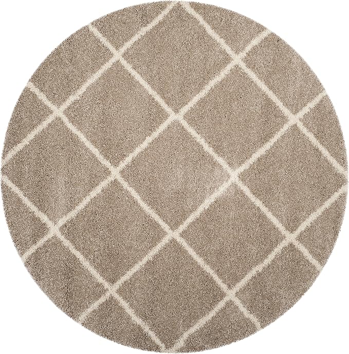 SAFAVIEH Hudson Shag Collection 7' Round Beige/Ivory SGH281S Modern Diamond Trellis Non-Shedding Living Room Bedroom Dining Room Entryway Plush 2-inch Thick Area Rug