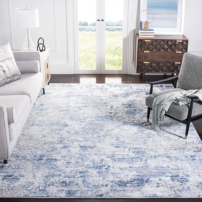 SAFAVIEH Amelia Collection Area Rug - 8' Square, Navy & Grey, Modern Abstract Design, Ideal for High Traffic Areas in Living Room, Bedroom, Dining (ALA705N-8SQ)