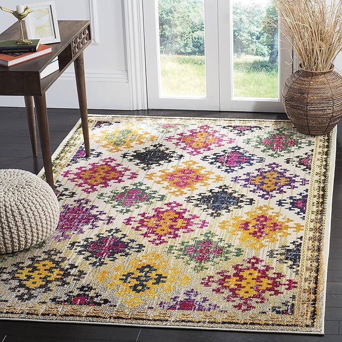 SAFAVIEH Monaco Collection Area Rug - 6'7" x 9'2", Ivory & Multi, Boho Diamond Trellis Design, Non-Shedding & Easy Care, Ideal for High Traffic Areas in Living Room, Bedroom (MNC244A)