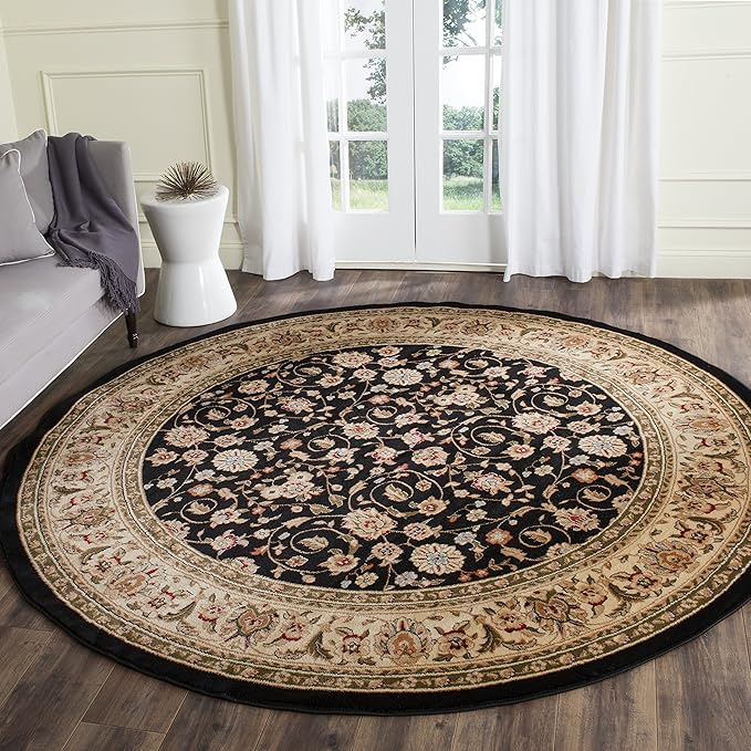 SAFAVIEH Lyndhurst Collection Area Rug - 5'3" Round, Black & Ivory, Traditional Oriental Design, Non-Shedding & Easy Care, Ideal for High Traffic Areas in Living Room, Bedroom (LNH316B)