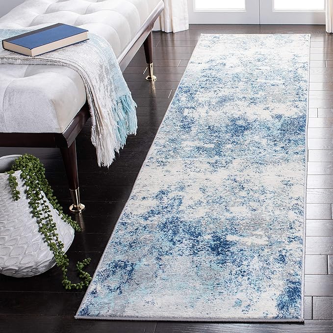 SAFAVIEH Brentwood Collection Runner Rug - 2' x 18', Ivory & Navy, Modern Abstract Design, Non-Shedding & Easy Care, Ideal for High Traffic Areas in Living Room, Bedroom (BNT822B)