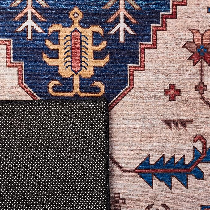 SAFAVIEH Washable Rug Tucson Collection - 6' x 9', Rust & Blue, Slip Resistant & Easy to Clean, Ideal for Living Room, Bedroom, Dining Space (TSN153P)